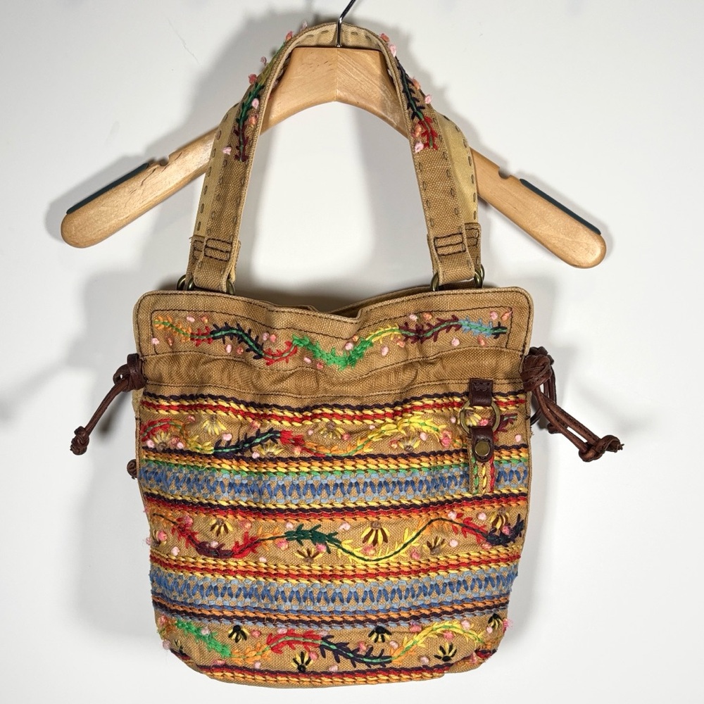 Lucky Brand Embroidered Boho Canvas Bag w/Leather Accents